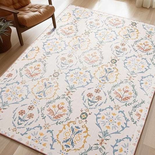 Phantoscope Washable Area Rug 5'x7' Non-Slip, Vintage Floral Boho Rugs for Living Room, Bedroom, DiningRoom, Soft Botanical Moroccan Pattern, Low-Pile Foldable Floor Carpet, Ivory Pink/Boho Garden