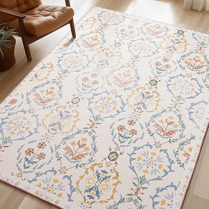 Phantoscope Washable Area Rug 6'x9' Non-Slip, Vintage Floral Boho Rugs for Living Room, Bedroom, DiningRoom, Soft Botanical Moroccan Pattern, Low-Pile Foldable Floor Carpet, Ivory Pink/Boho Garden