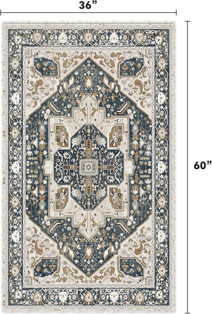 EnHomee 3x5 Washable Area Rugs for Bedroom, Boho Vintage Rugs, Foldable Area Rug for Dining Room, Non-Slip Soft Living Room Rug, Low Pile Large Carpet for Bathroom, Blue and Brown