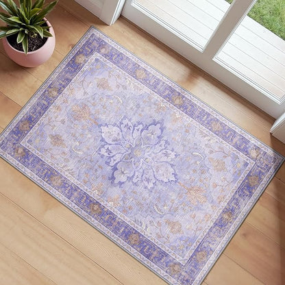 Area Rugs 2'x3' Washable Non-Slip, Floral Vintage Distress Print Pattern Medallion Carpet for Living Room Bedroom Dining Room, Light Purple Brown