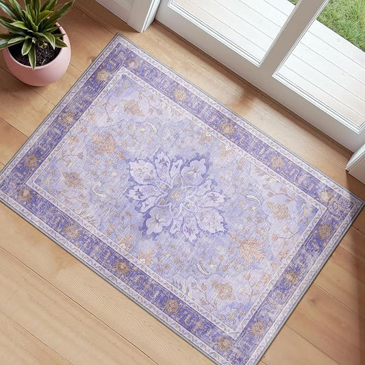 Area Rugs 2'x3' Washable Non-Slip, Floral Vintage Distress Print Pattern Medallion Carpet for Living Room Bedroom Dining Room, Light Purple Brown