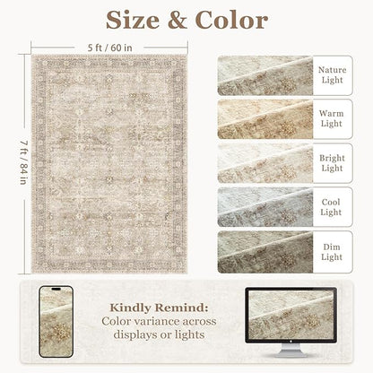 Neutral Beige 5x7 Area Rugs for Living Room Bedroom, Washable Non Slip Low Pile Thin Soft Carpet Rugs for Dining Room/Kitchen/Home Office/Nursery, Vintage Earth Tone Rug with Decorative Fringe