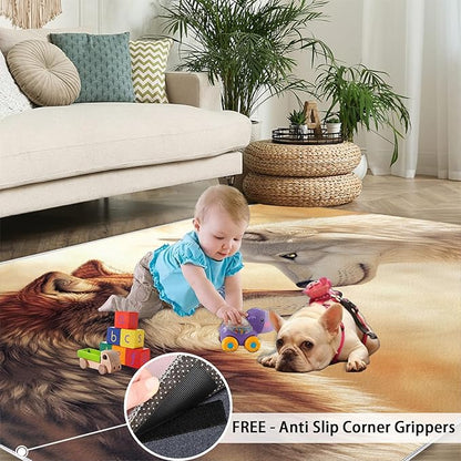 Wolf Rugs for Bedroom - 5x7 Area Rug - 3D Wolf Rugs for Living Room, Misty Forest Rug, Non-Slip Washable Home Decor Carpet