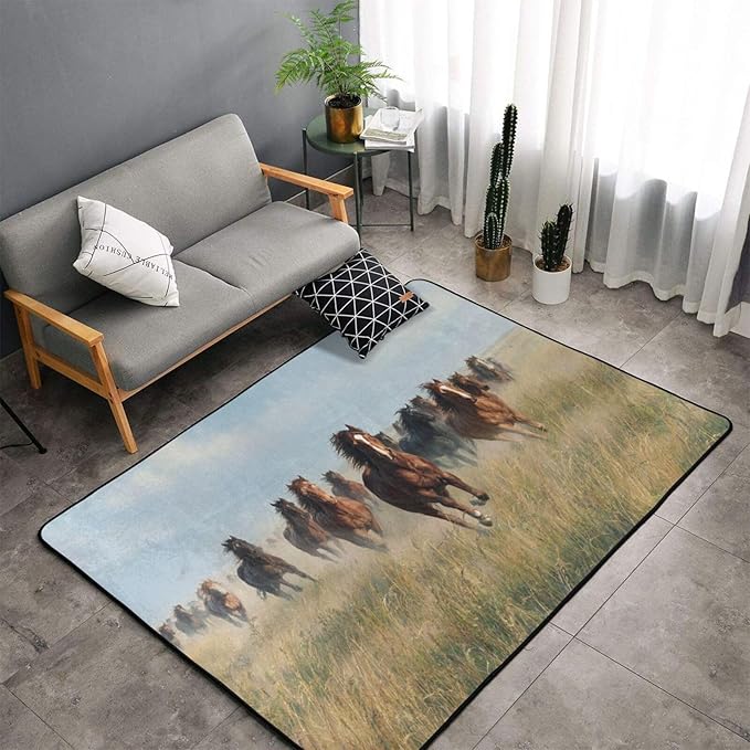 Horses Gallop Across The Grassland Area Rug Washable Outdoor Rugs Anti-Slip Soft Carpet Entryway Indoor Door Mat for Bedroom,Living Room,Porch,Terrace and Entrance Decor 8'x 5'