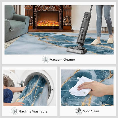2x4 Abstract Marble Runner Rug for Hallway - Blue-White-Marble Kitchen Mat, Luxury Stone Pattern Kitchen Runner Rug Soft Non Slip Anti Fatigue for Laundry Room Indoor Hallways
