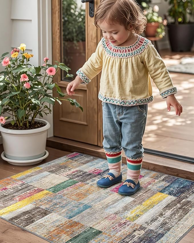 LUMI Ultra Thin Door Mat, 32x47 Non Slip Indoor Doormat Entrance Washable Rugs Entryway Oriental Vintage Soft Carpet for Kitchen Bedroom Front Door, Multicolor