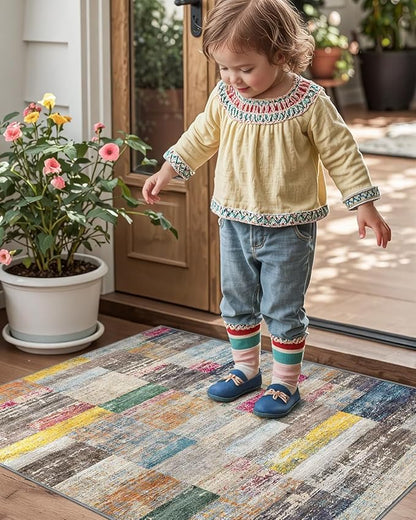 LUMI Ultra Thin Door Mat, 32x47 Non Slip Indoor Doormat Entrance Washable Rugs Entryway Oriental Vintage Soft Carpet for Kitchen Bedroom Front Door, Multicolor