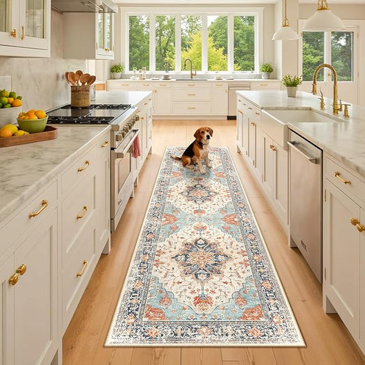 Area Rugs 2'x8' Washable Non-Slip, Floral Vintage Distress Print Pattern Medallion Carpet for Living Room Bedroom Dining Room, Beige Navy Blue Orange Colorful