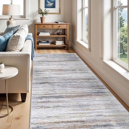 4x12 Runner Rug for Wide Hallway: Long Washable Runners for Entryway Living Room Dining Room - Stain and Water Resistant Rugs with Non-Slip Backing - Soft Low-Pile Carpet Beige Grey