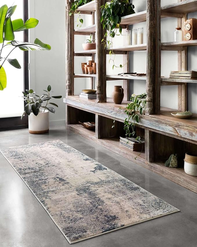Loloi Teagan Collection TEA-07 Natural/Denim 6'-7" x 9'-2" Area Rug, Large, Soft Neutral Rug, High-Traffic for Living Room, Bedroom, Home Office, Dining Area