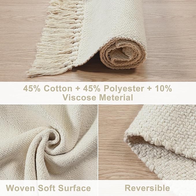 Collive Washable Area Rug 3' x 5', Modern Woven Kitchen Rugs, White/Beige Braided Cotton Rug Indoor Door Mat Throw Carpet for Entryway Living Room Nursery Mudroom Laundry Room