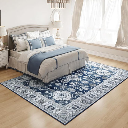 VK VK·LIVING Machine Washable Rug 5'x7' Vintage Design Washable Area Rugs with Non Slip Rugs for Living Room Bedroom Traditional Woven Carpet Stain Resistant Home Decor Office Boho Rug (Navy)