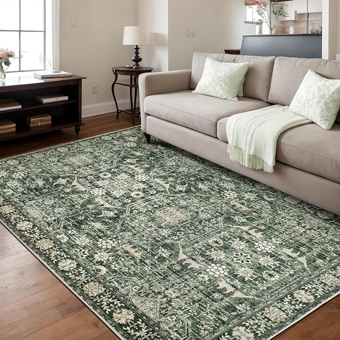 Area Rug 5×7 Washable Rugs for Bedroom, Vintage Floral Rug Soft Non Slip Stain Resistant Carpet for Living Room Dinning Room Kitchen Home Office Green Black