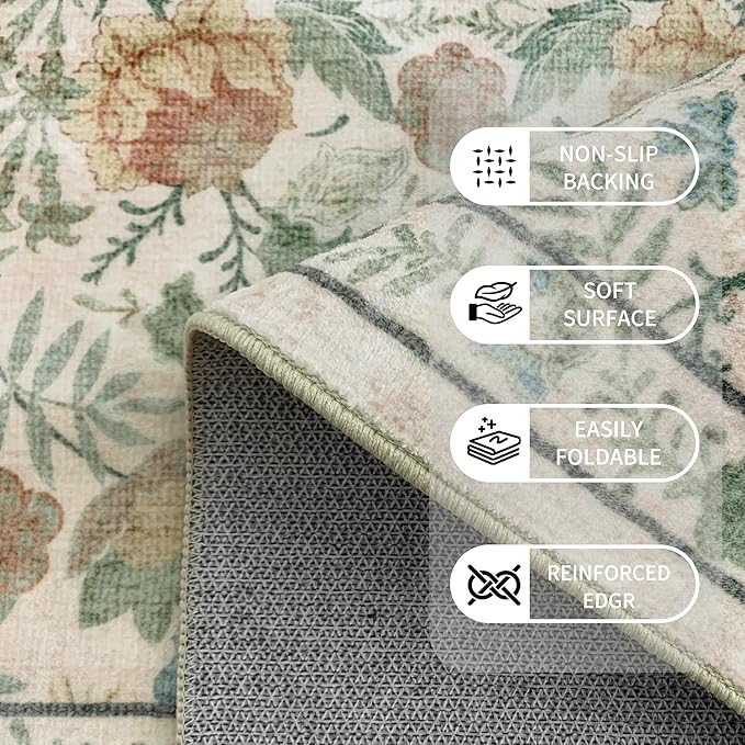 Washable Living Room Rug: 8x10 Boho Floral Soft Area Rug for Bedroom Decor - Vintage Low Pile Thin Carpet for Dining Room Non-Slip - Farmhouse Stain Resistant Rugs - Beige Green
