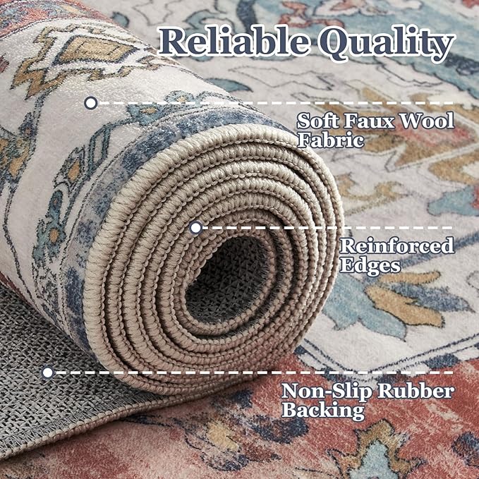 Boho Rugs for Bedroom Girls Playroom, Distressed Medallion Printed 8x10 Rugs for Living Room Kids Room Nursery, Washable Non Slip Low Pile Thin Soft Carpet Rugs Dining Room, Blue/Pale Salmon