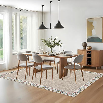 GarveeHome 4x6 Area Rugs for Bedroom Living Room Machine Washable Rugs Floral Bordered Small Carpet Non-Slip Stain Resistant Accent Carpet for Dining Room Table Apartment Office, Light Camel