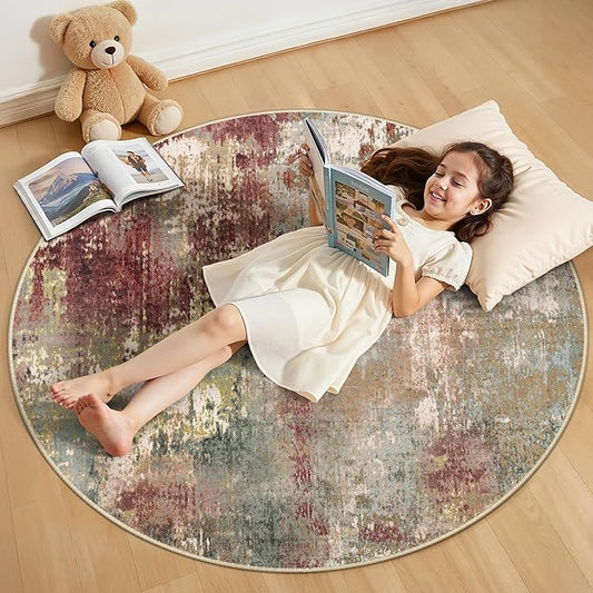 Washable Area Rugs 4ft Non-Slip Modern Abstract Soft for Living Room Entryway Bedroom Nursery, Print Pattern, Brown Rust Red Multi