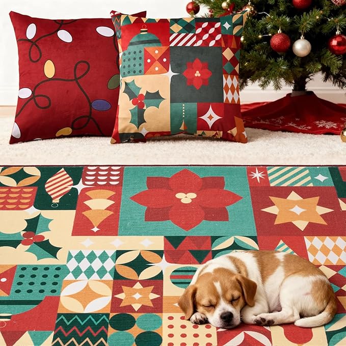 jinchan Christmas Rug 3x5 for Entryway Washable Christmas Bedroom Rug Xmas Geometric Doormat Non-Slip Soft Throw Carpet Festive Red-Green Holiday Patch Decor for Kitchen Living Room Bathroom