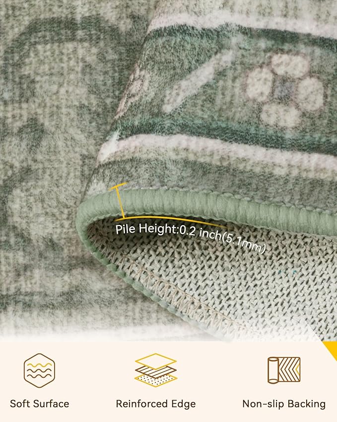 Area Rugs 2'x5' Washable Non-Slip, Floral Vintage Distress Print Pattern Medallion Carpet for Living Room Bedroom Dining Room, Dark Green Gray