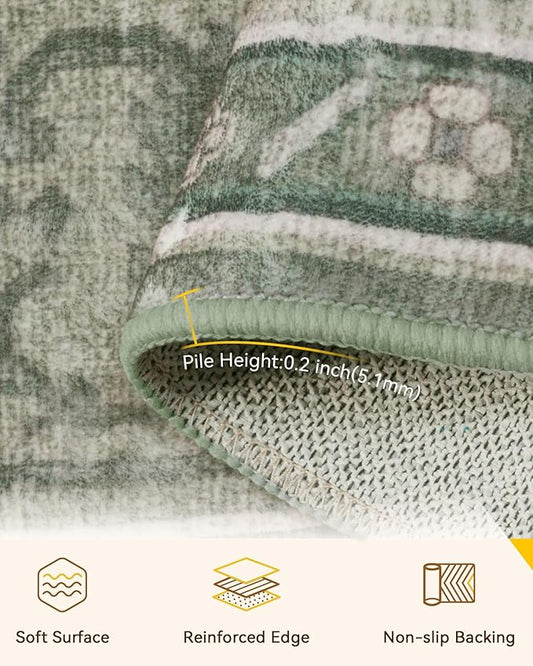 Area Rugs 4ft Washable Non-Slip, Floral Vintage Distress Print Pattern Medallion Carpet for Living Room Bedroom Dining Room, Dark Green Gray