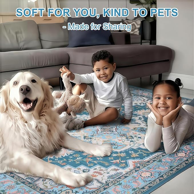 WILLSUN Washable Area Rugs, 6x9 Non-Slip Boho Large Area Rugs for Living Room, Bedroom, Machine Washable Vintage Rug, Indoor Floral Print Carpet for Home Decor, Kid & Pet Friendly Mat