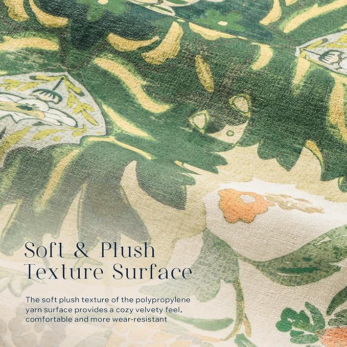 Phantoscope Washable Area Rug 5'x7' Non-Slip, Vintage Boho Rugs for Living Room, Bedroom, Dining Room, Neutral Green Floral Medallion Pattern, Low-Pile Foldable Floor Carpet, Forest Green/Cream