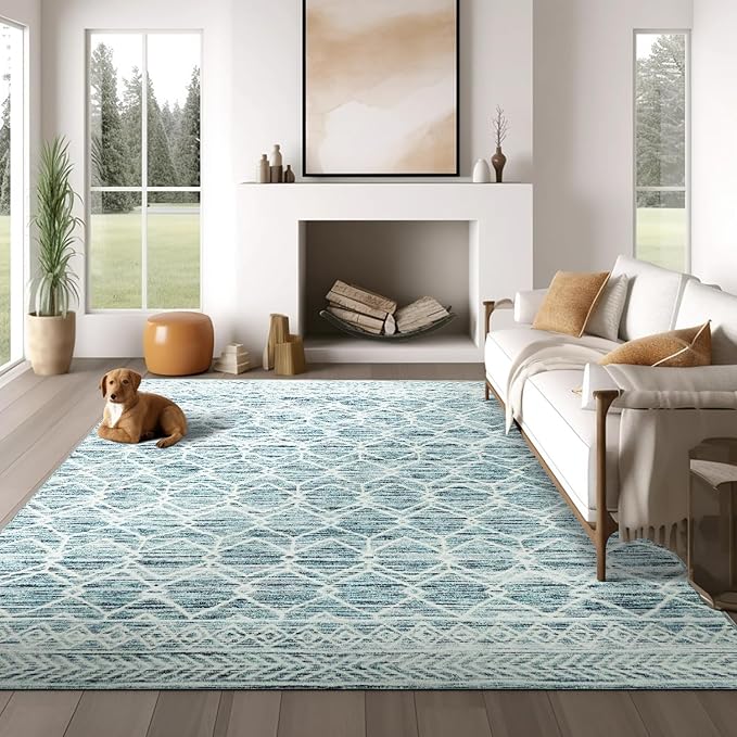 jinchan Moroccan 8x10 Area Rugs for Living Room - Machine Washable Modern Geometric Stain Resistant Ultra-Thin Low-Pile Large Rug Non-Slip Carpet for Bedroom Kitchen Dining Room (8x10ft, Teal Blue)