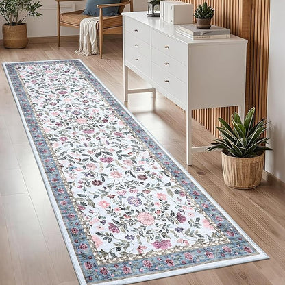Washable Runner Rug 2.5 x 8 Non-Slip Non-Shedding Soft Vintage Bedside Low Pile Farmhouse Floral Carpet, Indoor Foldable Printed Entryway Rug for Hallway Kitchen, Light Blue