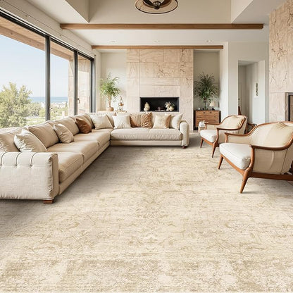 Beige Large 10x14 Area Rugs, Washable Non Slip Big Rug for Living Room Bedroom, Distressed Medallion Vintage Neutral Big Carpet Rugs for Dinig Room Family Rooms, Low Pile Thin