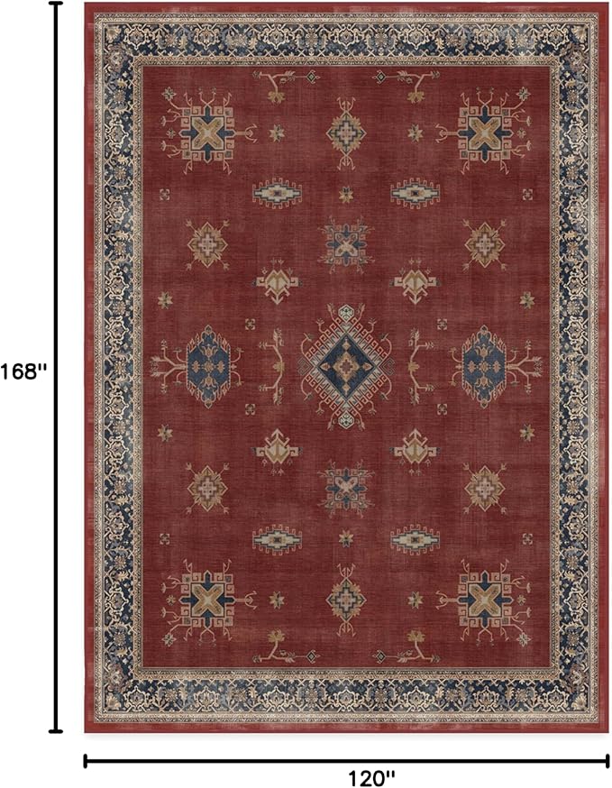 RUGGABLE Washable Vintage Area Rug – Verena Amber Red 10x14, Stain-Resistant, Non-Slip – Large Machine Washable Rugs for Living Room, Bedroom, Hallway, Entryway & Office–with Cushioned Pad