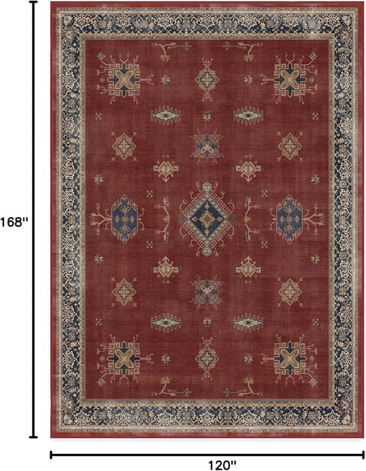 RUGGABLE Washable Vintage Area Rug – Verena Amber Red 10x14, Stain-Resistant, Non-Slip – Large Machine Washable Rugs for Living Room, Bedroom, Hallway, Entryway & Office–with Standard Pad