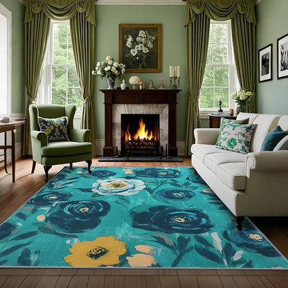 6x9 Camellia Floral Rugs, Modern Washable Flower Pattern Area Rug for Bedroom, Soft Large Non-Slip Kitchen Carpet Floor Door Mat for Living Room Dining Room Office - Teal