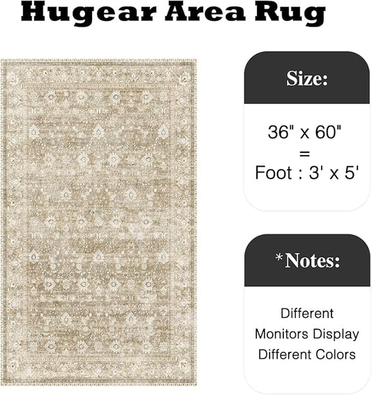 HUGEAR 3x5 Machine Washable Rugs Beige Hallway Area Rug Indoor Accent Rug Floral Low Pile Carpet Soft Throw Rug Bedroom Living Room Office Dining Room Kitchen Laundry Room Non Slip