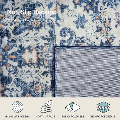 Lahome Round Rug 5'3"Ft, Large Washable Dining Room Round Area Rug Soft Kitchen Circle Rug, Bohemian Non-Slip Non-Shedding Printed Indoor Carpet for Bedroom Entryway Bathroom, Blue Purple/Multi