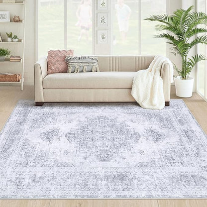 Area Rug 4x6 Vintage Rug, Machine Washable Vintage Distressed Medallion Rug Non-Slip Soft Low Pile Large Indoor Rugs for Bedroom Kitchen Dining Room Office(LightGrey,4'x6')