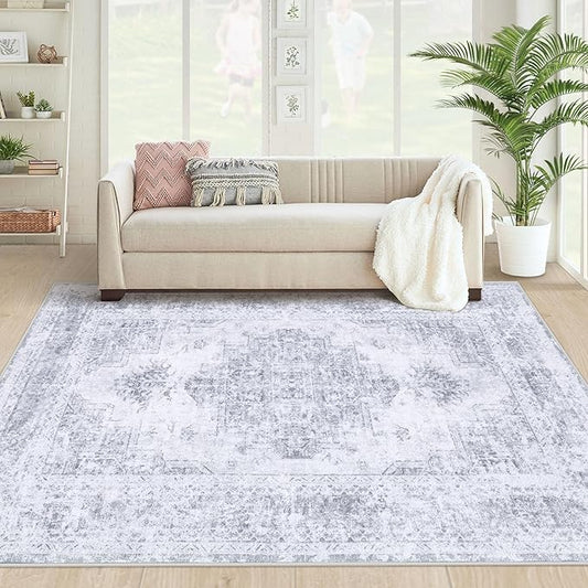 Area Rug 4x6 Vintage Rug, Machine Washable Vintage Distressed Medallion Rug Non-Slip Soft Low Pile Large Indoor Rugs for Bedroom Kitchen Dining Room Office(LightGrey,4'x6')