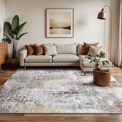 Washable Abstract Rug, 6x9 Modern Area Rugs with Non-Slip Rubber Backed for Living Room, Thin but Soft Contemporary Carpet Kitchen Bedroom Dining Room Decor, Rusty Brown