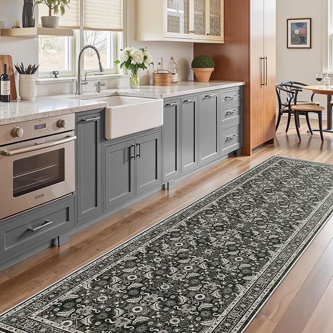 WITSHOCK Living Room Area Rugs 3x10: Soft Non-Slip Backing Washable Rugs Vintage Large Carpet for Bedroom Office Dining Room Kitchen Stain Resistant Home Decor Rug,Black