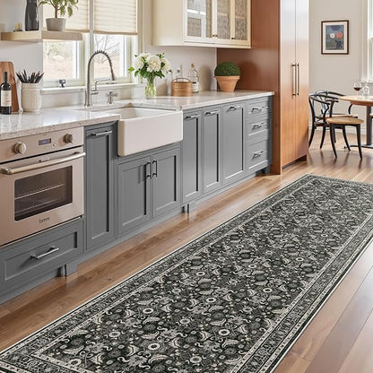 WITSHOCK Living Room Area Rugs 3x10: Soft Non-Slip Backing Washable Rugs Vintage Large Carpet for Bedroom Office Dining Room Kitchen Stain Resistant Home Decor Rug,Black