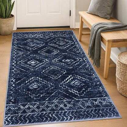KILOCOCO Boho Entryway Rug 3x5 Area Rug Washable Non Slip Printed Throw Rugs Soft for Kitchen Living Room Dining Bedroom Geometric Moroccan Carpet, Dark Blue