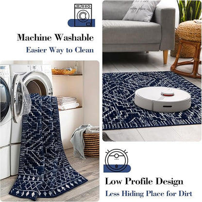 Wonnitar Moroccan Washable Area Rug 4x6, Blue Rugs for Living Room, Non-Slip Boho Bedroom Throw Mat, Non-Shedding Large Geometric Low Pile Floor Carpet for Home Office Mudroom Kitchen (Blue,4'x6')