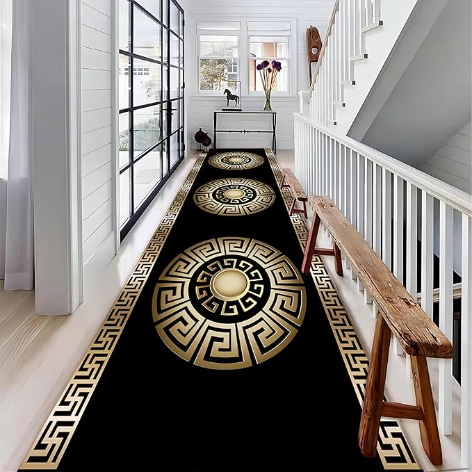 Black Gold Geometric Hallway Runner Rug, 2x10ft, Vintage Greek Key Entryway Carpet, Baroque Style Pattern Machine Washable Carpets, Durable Non-Shedding Non-Slip Rugs for Dorm Nursery