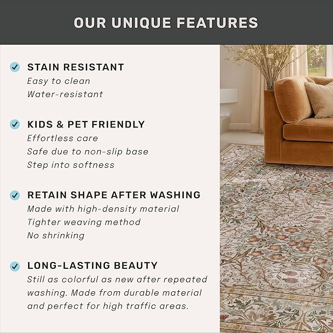 Non Slip 2x7 Moss Green Hallway Runner - Long Runner Rugs for Bathroom, Washable Kitchen Floor Mat, Bedroom Bedside - Brown Earthy Vintage Floral Décor