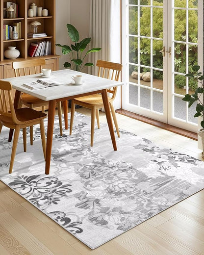 Washable Abstract Rug, 6x9 Classic Grey and White Floral Area Rugs with Non-Slip Rubber Backed for Living Room, Low Pile Modern Throw Carpet Bedroom Dining Room Decor
