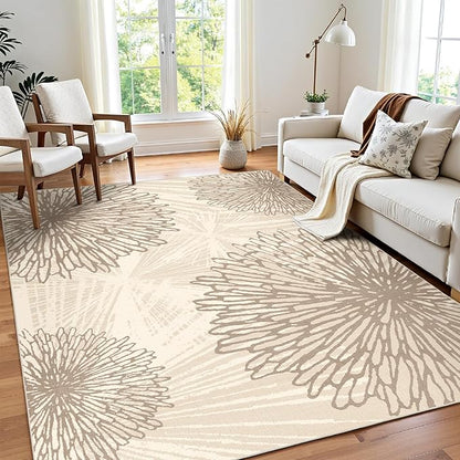 WITSHOCK 7x9 Area Rugs for Living Room: Beige Floral Washable Rugs for Bedroom Dining Room Office Nursery Modern Non-Slip Stain Resistant Low Pile Home Decor（Beige/Brown,7'x9'）