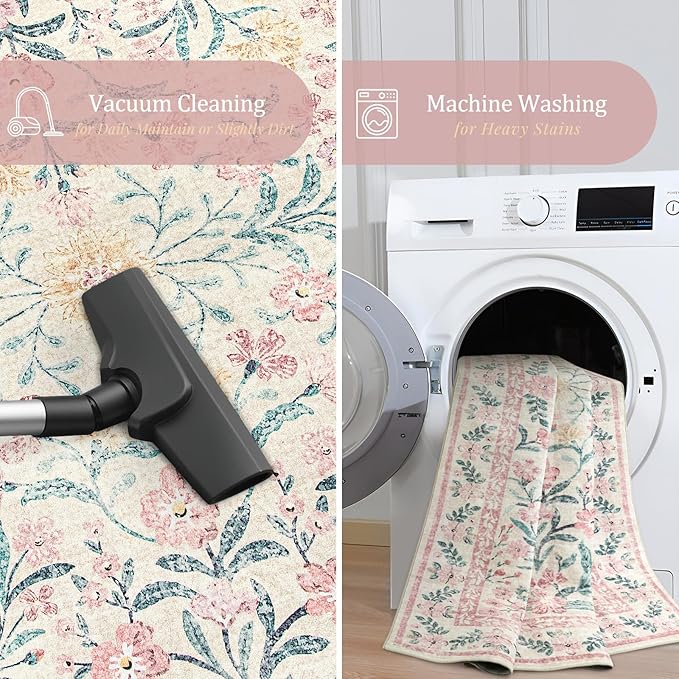 Morebes Washable Area Rugs 9x12 Living Room, Large Pink and White Floral Rug for Bedroom, Ultra-Thin Boho Rug Non Slip Distressed Soft Carpet for Nursery Girls Home Dining Room Decor