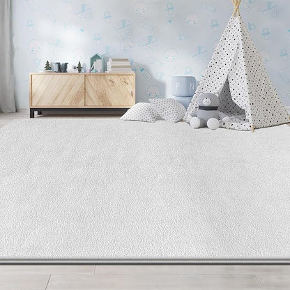 Large Area Rugs for Living Room Bedroom, 4x6 Feet White Rug, Minimalist Modern Shag Rug, Soft Thick Comfy Memory Foam Indoor Carpet, Non-Slip Washable Rug for Boys Girls Dorm Nursery Room Home Decor