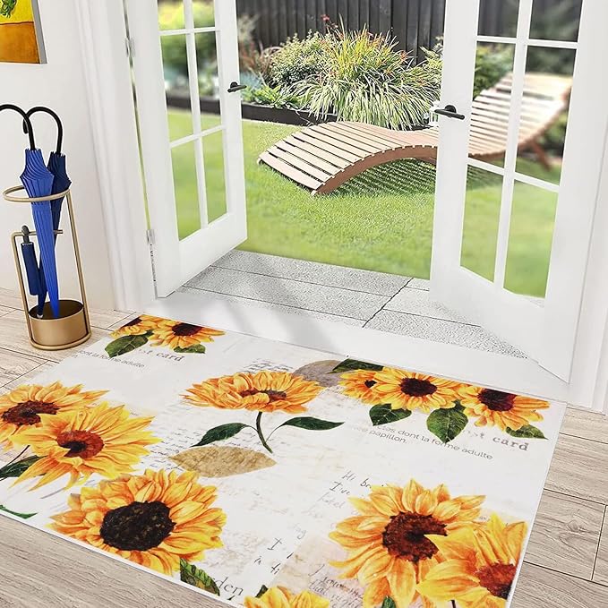 Sunflower Area Rug - 2' x 3' Vintage Oil Painting Artwork Small Rug Doormat Vintage Floral Non-Slip Washable Low-Pile Floor Carpet for Living Room Bedroom Dinning Room Kitchen Bathroom
