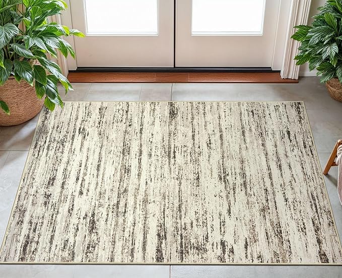 Modern Abstract Small Area Rug Indoor 3x5 Washable Rug Non-Slip Soft Entryway Rug Beige Kitchen Mats Thin Print Faux Wool Floor Carpet Throw Rugs for Entrance Bedroom Office Home Decor