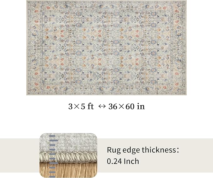 Washable Living Room Rug: 3x5 Boho Floral Soft Area Rug for Bedroom Decor - Vintage Low Pile Thin Carpet for Dining Room Non-Slip - Farmhouse Stain Resistant Rugs - Beige Blue